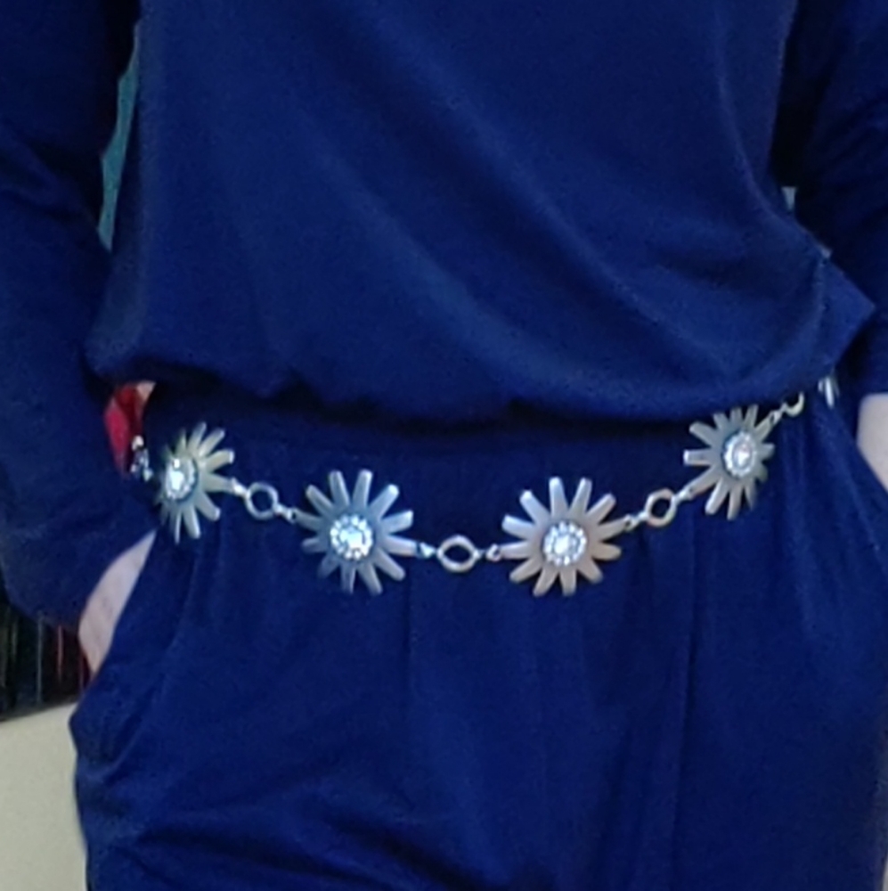 Silver rhinestone stamped belt Up to 42 inch